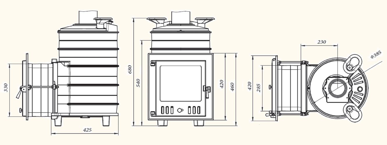 Габариты банной печи Искандер ЗК 25 М Ураган