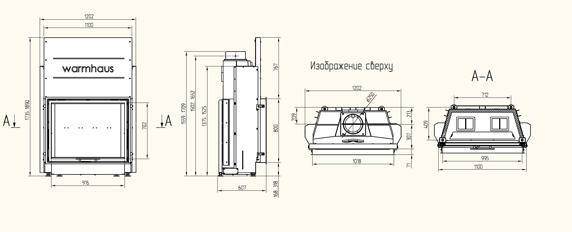 габариты каминной топки Warmhaus flat 10080 h для установки и монтажа